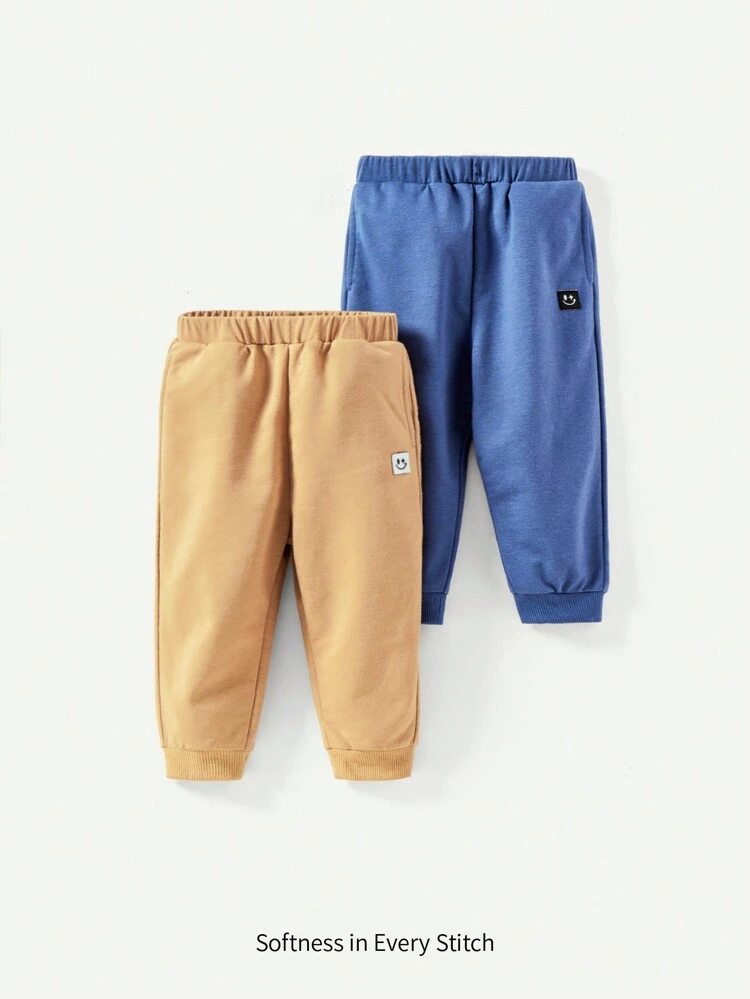 2pcs Baby Boys' Casual Drawstring Waist Pants With Decorative Badge, Winter