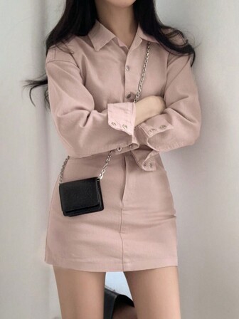 女式纯色实用风格单排扣复古休闲衬衫裙，春夏