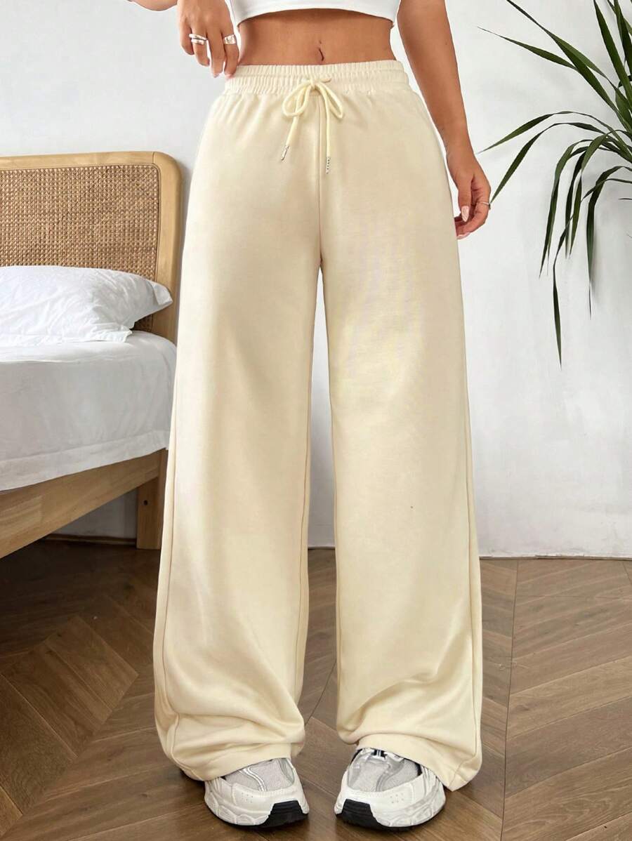 SHEIN EZwear 女性實色拉繩時尚寬腿運動褲,適合日常穿著 - 杏色 - 查看 1