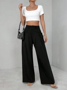 SHEIN Essnce Summer High Waist Pleated Wide Leg Suit Pants With Knot Design For Casual & Commute