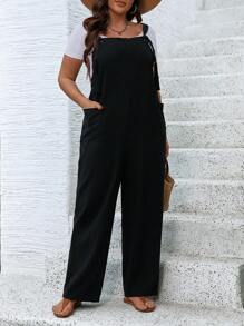 SHEIN Franclia 大尺碼夏季休閒鬆身工作服連身褲,帶掛帶 - 黑色 - 查看 4