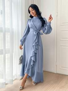 Modelyn Đầm dài tay thắt lưng màu trơn thời trang nữ, Đầm dự tiệc buổi tối thanh lịch Đầm dài buổi tối - Màu xanh lam - Xem 7