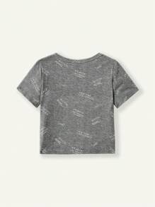 Bộ đồ dệt kim thường ngày cho bé trai, cổ tròn, tay ngắn, họa tiết chữ và vai thẳng, hai mảnh - Rỉ Nâu - Xem 2