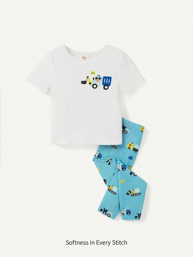 Baby Girl Snug Fit Car Pattern Short Sleeve Round Neck T-Shirt And Long Pants Set Matching Set