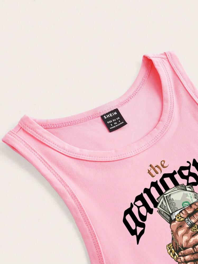 Slaydiva Débardeur ajusté court à col rond avec imprimé main et lettres, style décontracté de rue, convient pour l'été - Rose bonbon - Voir 3