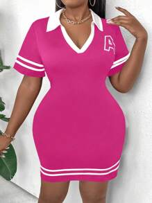 Maweii 大码夏季时尚经典学院风修身 V 领连衣裙 - 粉色 - 查看 5