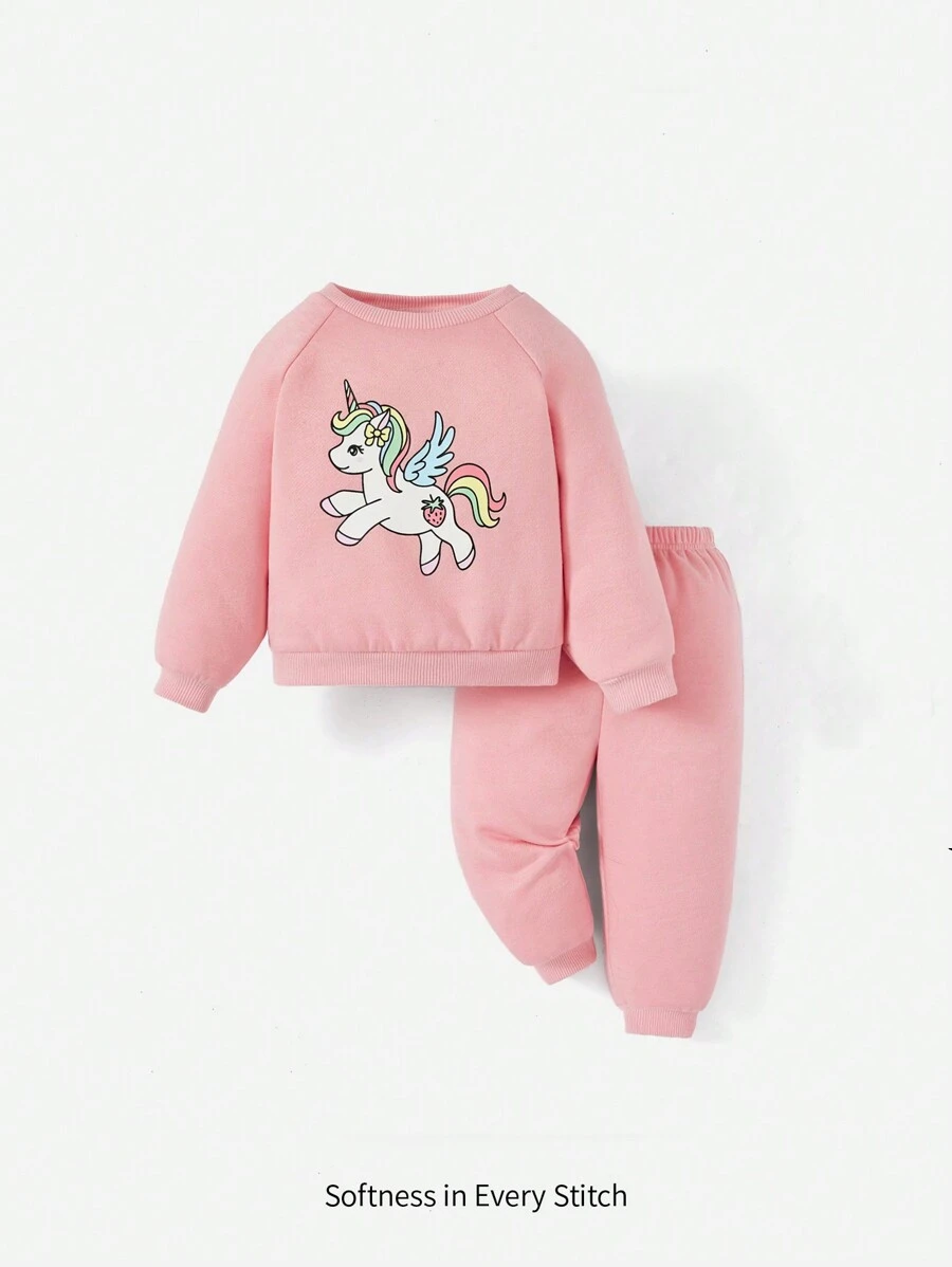 Cozy Pixies Baby Girl Unicorn Print Raglan Sleeve Sweatshirt & Sweatpants - Pink - View 1