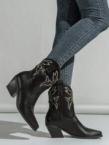 女性西部牛仔靴，尖頭秋冬踝靴短靴，黑色刺繡短靴 - 黑色 - 查看 2