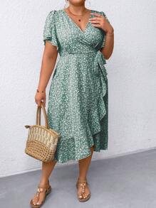 Breezaya Plus Size Kỳ nghỉ hè Mini Ditsy Váy quấn xếp tầng hoa có dây buộc - màu xanh lá - Xem 5
