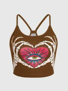 Doodleandpattern Gothic Heart-Eye Skull Hand Print Camisole Top For Women - Coffee Brown - View 1