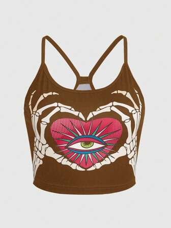 Doodleandpattern Camiseta sin mangas con estampado de calavera con ojos en forma de corazón y mano gótica para mujer