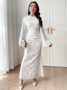 Modelyn Women Spring Round Neck Pleated Butterfly Print Arabian Dress - White - View 5