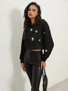 Anewsta Fashionable Urban Style Black Short Hoodie With Shiny Rhinestone Decoration Graduation,Back To School Outfits,Graduation,Teacher Outfits For Women,Back To School