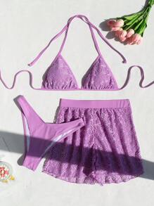 SHEIN Swim Summer 3pcs/Set Women's Halter Neck Swimwear - Purple - View 3