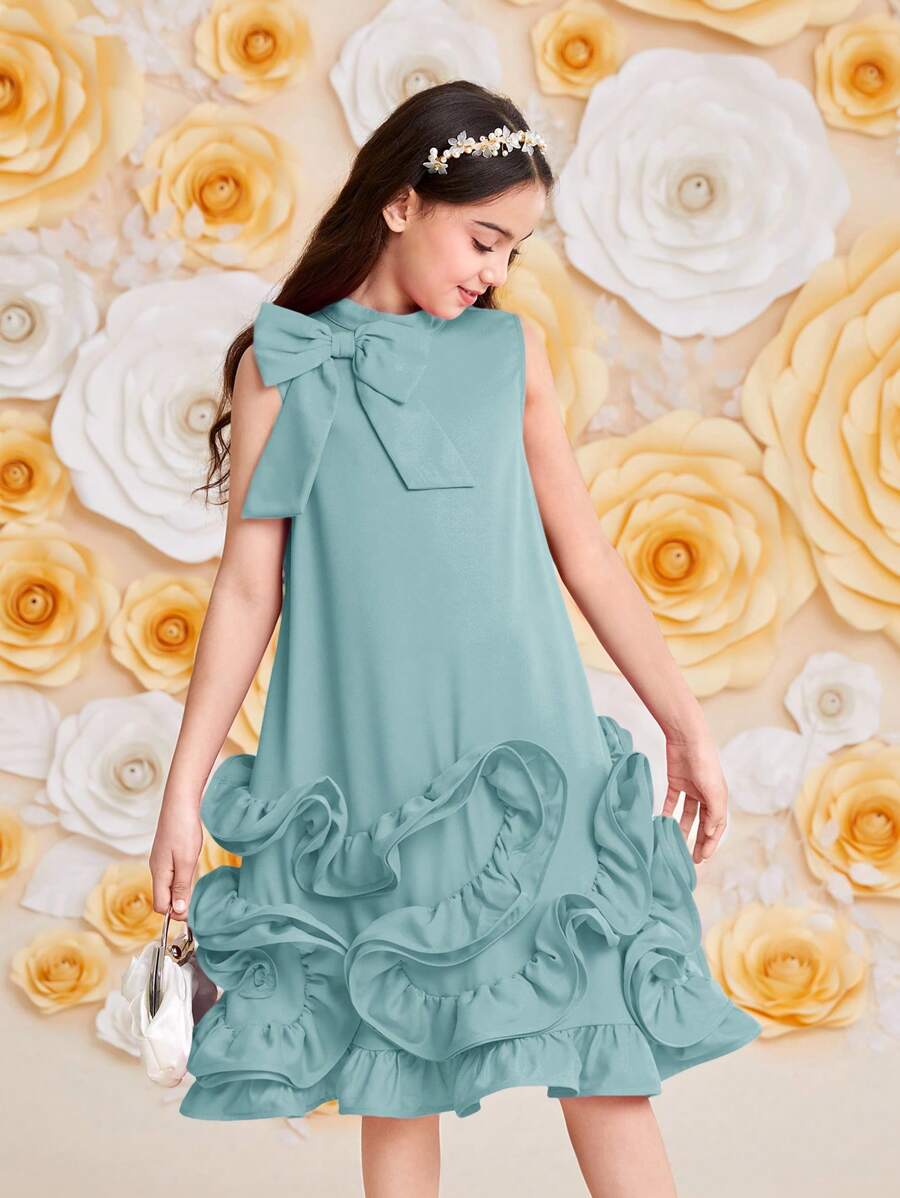 SHEIN A-linien Kleid Für Tween Mädchen Mit Abnehmbarer Schleife, Lose Passform Und Süßem Stehkragen