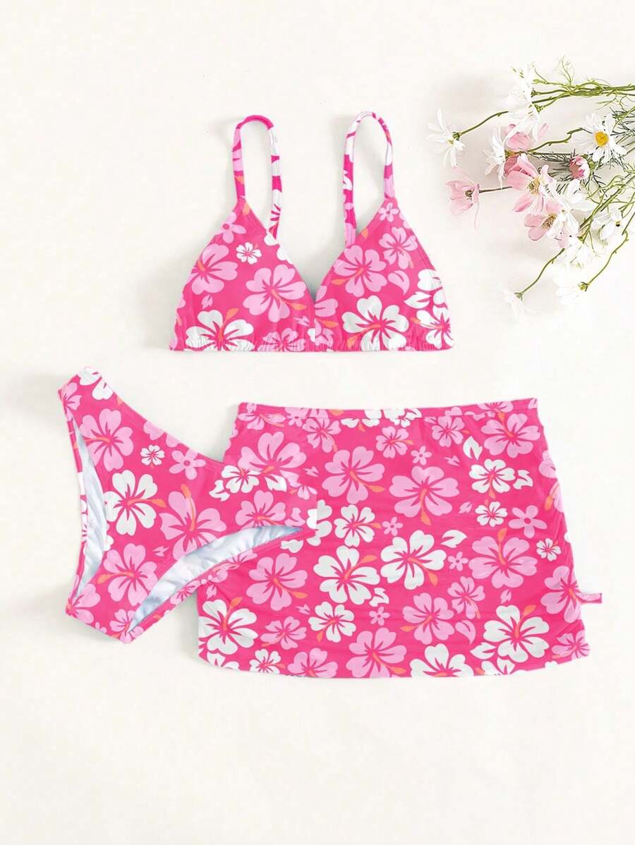 SHEIN 3pcs/Set Tween Girl Flower Printed Bikini Set With Casual & Party Outfits For Beach Vacation, Spring And Summer, Bathing Suit Vacay Vibe Summer Beach Kids Swimming ,Kids Beachwear - Hot Pink - View 1