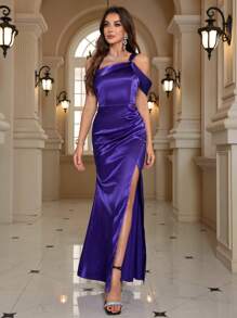 Women's Fashion Solid Color Pleated Side Slit Elegant Evening Dress - Purple - View 1