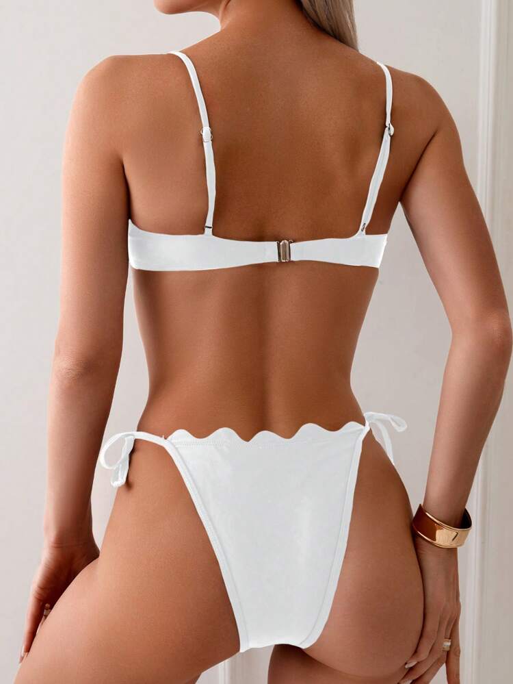 Ladies' Solid Color Arched Edge Bikini Set For Vacation,Summer Beach