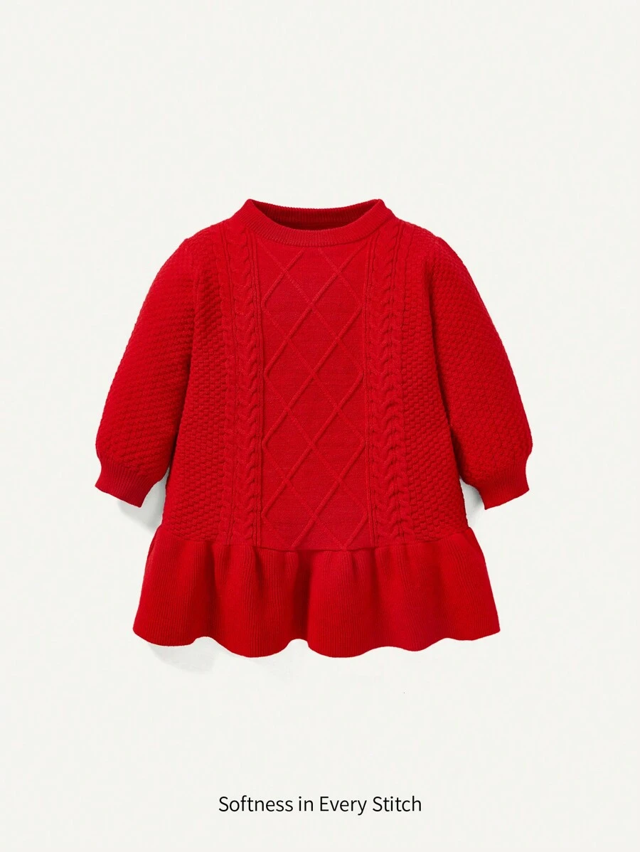 Baby Girl Cable Knit Ruffle Hem Sweater Dress,In Fall/Winter - Red - View 1