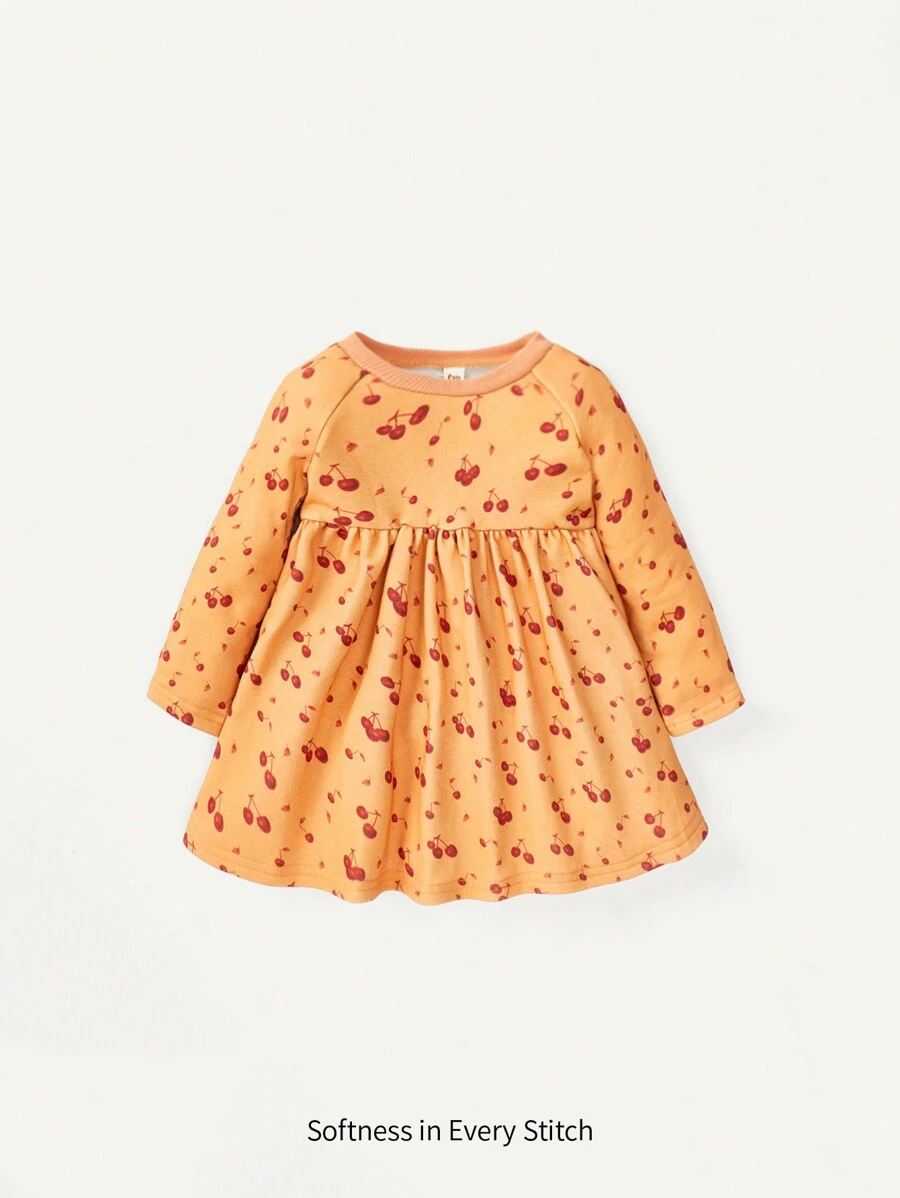 Cozy Pixies 女嬰櫻桃圖案圓領泡泡袖洋裝帶荷葉邊和彈性腰帶 - 彩色 - 查看 1