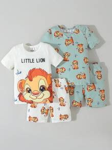 2pcs Young Boy Simple Cute Monkey Print Crew Neck Short Sleeve T-Shirt & Shorts Set, Relaxed Fit Snug Fit Pajamas