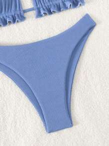 SHEIN Swim 純色荷葉邊無線露肩頸二件式比基尼套裝，夏日沙灘必備 - 淺藍色 - 查看 5