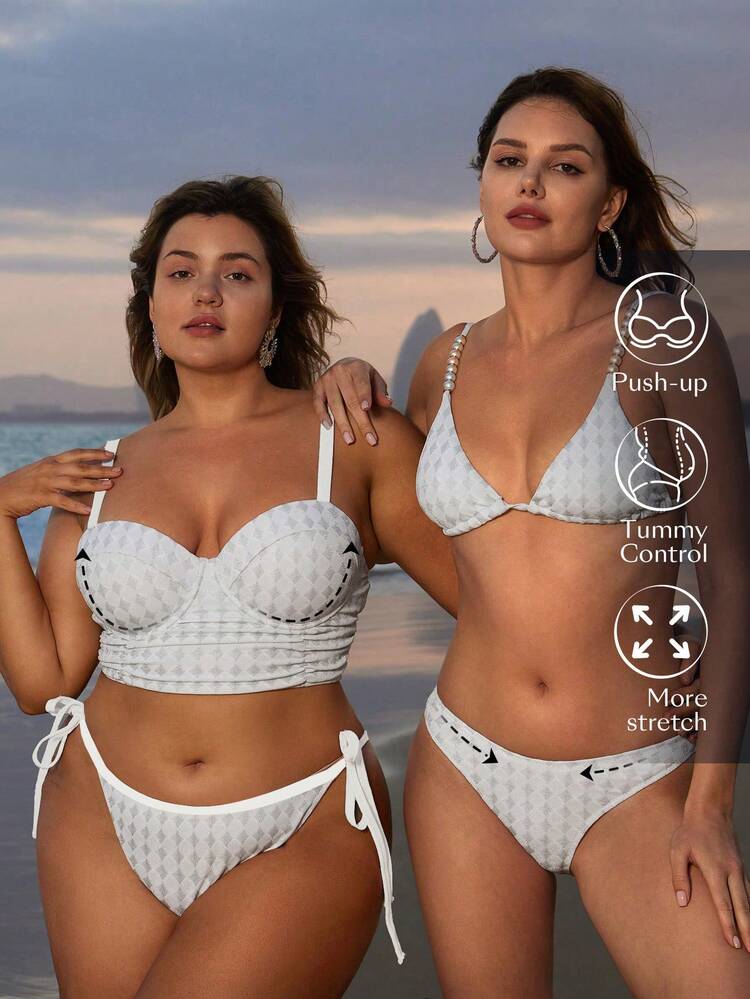 Plus Size Women's Geometric Print Ruched Bikini Set Summer Beach