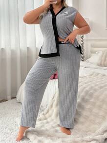 Women's Plus Size Color Block Patchwork Open Front Sleeveless Pajama Set