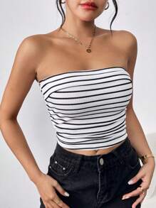 SHEIN Essnce Women's Tight Knit Striped Strapless Top - Black and White - View 3