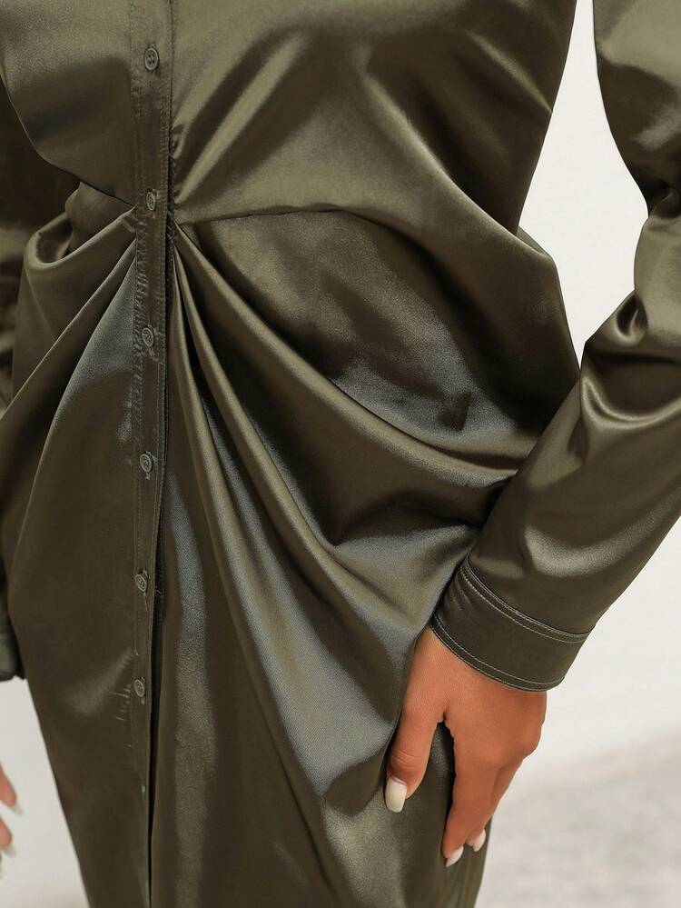 Women Dark Green Drawstring Pleated Waist Commute Elegant Shirt Long Sleeve Dress