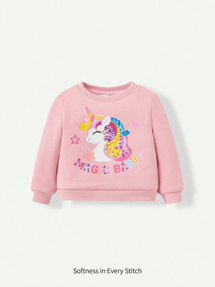 Baby Girl Unicorn & Letter Graphic Thermal Lined Sweatshirt
