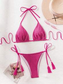 SHEIN Swim مجموعة بيكيني ذو رقبة حمالة باللون الصلب منقوش لفصل الصيف - روز أحمر - مشاهدة 5