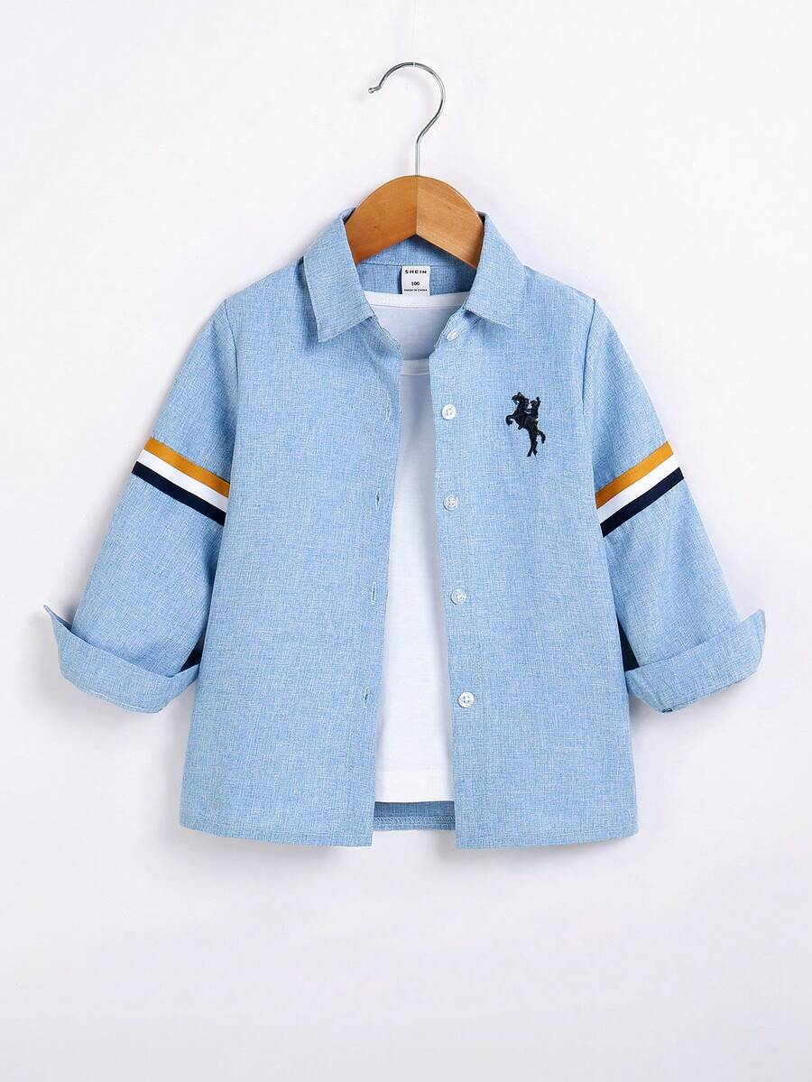 SHEIN 少年春季拼色馬繡長袖休閒襯衫 - 藍色 - 查看 1