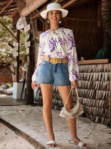 Aveloria Ladies" Simple And Elegant Random Floral Printed Tie-Waist Long Sleeve Shirt