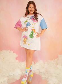 SHEIN X Care Bears 加大码夏季宽松睡裙，彩色星星、小熊和梦幻印花图案，宽肩带，活力粉蓝撞色 - 彩色 - 查看 3