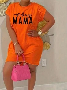SHEIN LUNE Kích thước lớn Của phụ nữ Mùa hè Ngày lễ Mẹ In thư Ngắn tay Đầm - trái cam - Xem 1