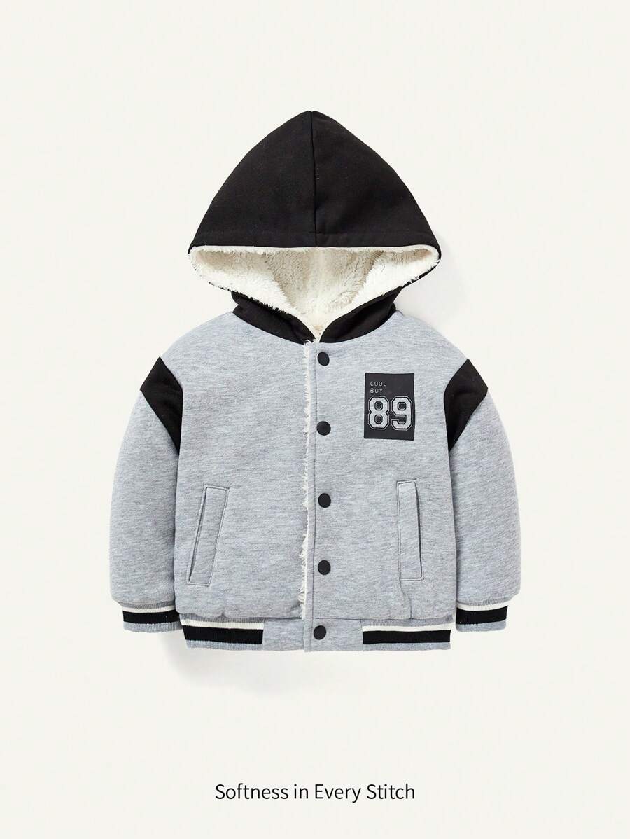 Baby Boy Letter Graphic Colorblock Thermal Lined Hooded Jacket - Grey - View 1