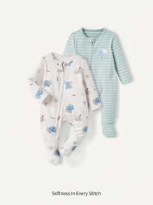 Cozy Pixies 2pcs Newborn Baby Boy Cartoon Pattern Round Neck Long Sleeve Romper And Pants Set Matching Set