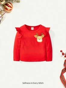 Baby Girl Cartoon Graphic Ruffle Trim Tee for Christmas - Red - View 1