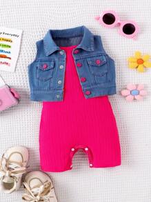 Baby Girl Single-Breasted Vest And Cami Romper Set - Hot Pink - View 7