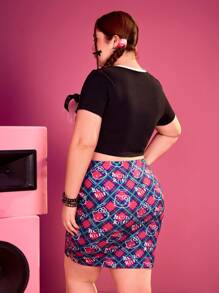HELLO KITTY AND FRIENDS | SHEIN Plus size Y2K對比領緊身短T恤和格紋緊身裙 - 彩色 - 查看 3