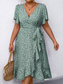 Breezaya Plus Size Kỳ nghỉ hè Mini Ditsy Váy quấn xếp tầng hoa có dây buộc - màu xanh lá - Xem 3