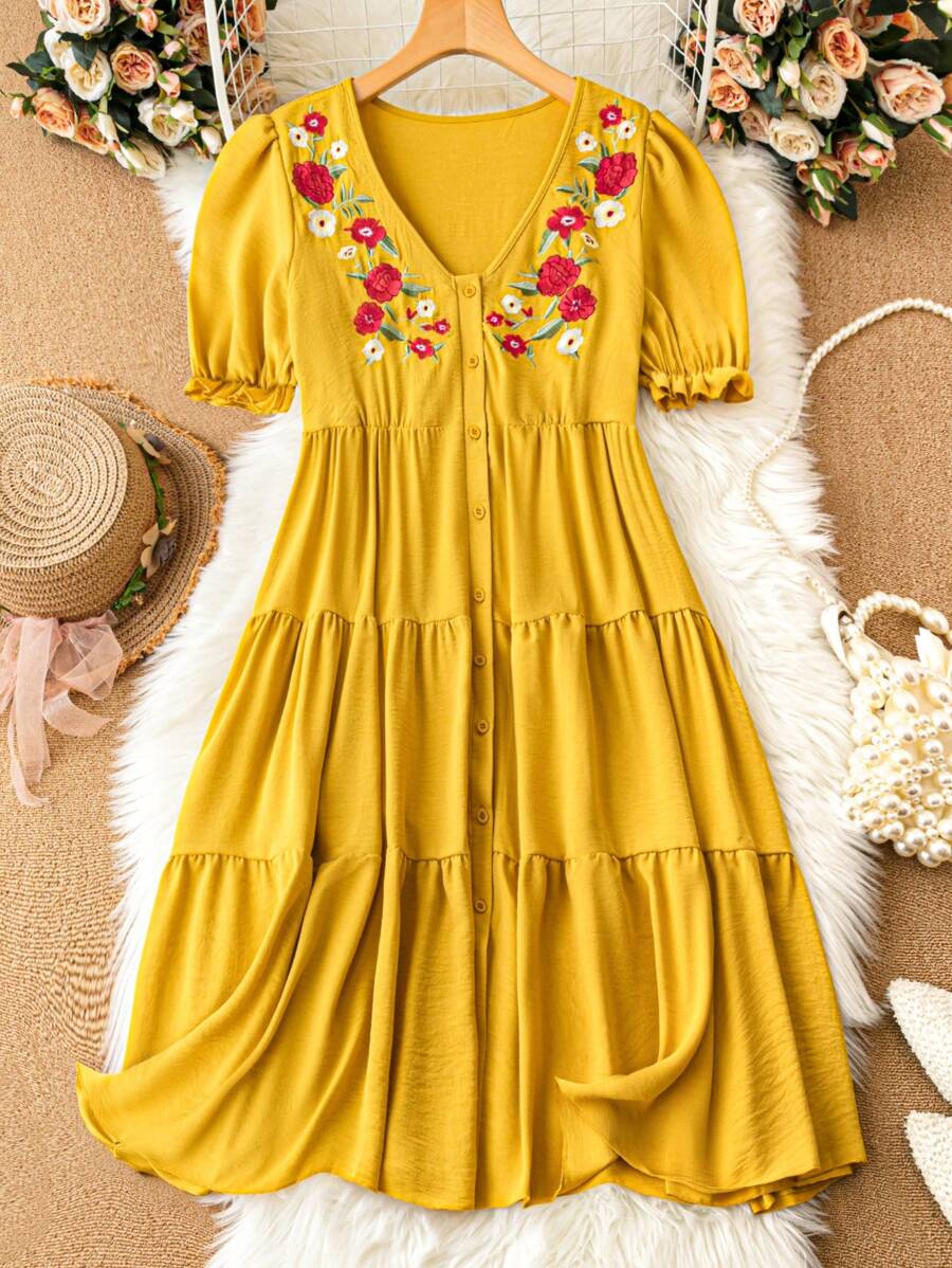 SHEIN LUNE Kích thước lớn Mùa hè Đầm Với Thêu hoa , Tay áo phồng Và Nút phía trước - Màu vàng - Xem 1