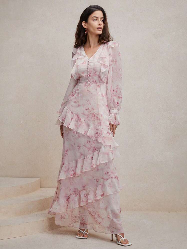 Anewsta Women's Vacation Style V-Neck Ruffle Edge Fashionable Floral Printed Dress Maxi Women Outfit - Pink - View 4