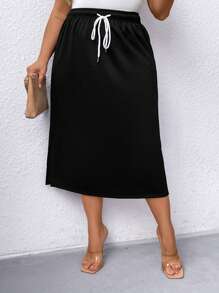 SHEIN LUNE Kích thước lớn Của phụ nữ Eo dây rút Thẳng Giải trí Chiều dài trung bình Váy - màu đen - Xem 1