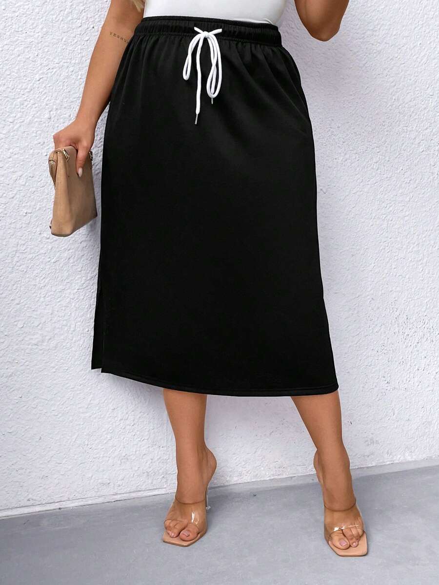 SHEIN LUNE Kích thước lớn Của phụ nữ Eo dây rút Thẳng Giải trí Chiều dài trung bình Váy - màu đen - Xem 1