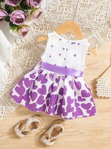春夏款嬰兒女寶貝愛心印花無袖優雅、美麗、休閒日常連衣裙 - 紫色 - 查看 2