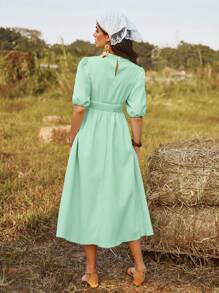 GENKIRA Mùa hè giản dị Thiết kế rỗng Váy chữ A Với Kẹp chặt Eo - màu xanh lá - Xem 2