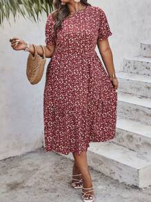 SHEIN Clasi Váy Maxi In Hoa Mùa Hè Cỡ Lớn Tay Phồng Màu Đỏ Tía Cho Nữ - Màu Đỏ Sâu - Xem 4