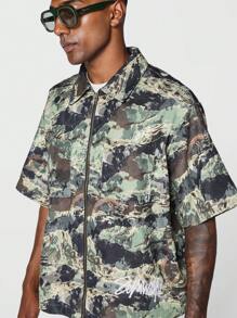 SUMWON Boxy Fit Twill Zip Shirt With All Over Print - Green - View 3